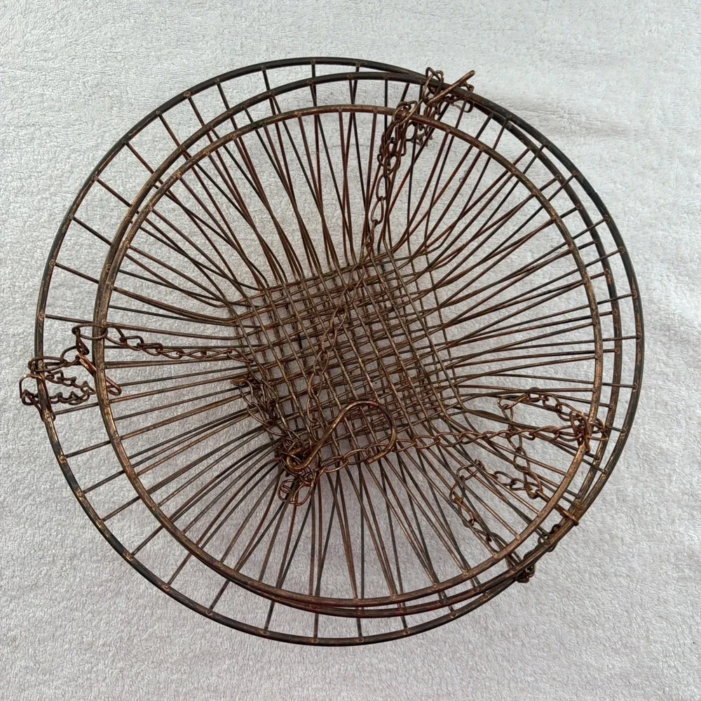 Vintage 3-Tier Metal Mesh Wire Hanging Baskets Collapsible Copper Fruit Plants